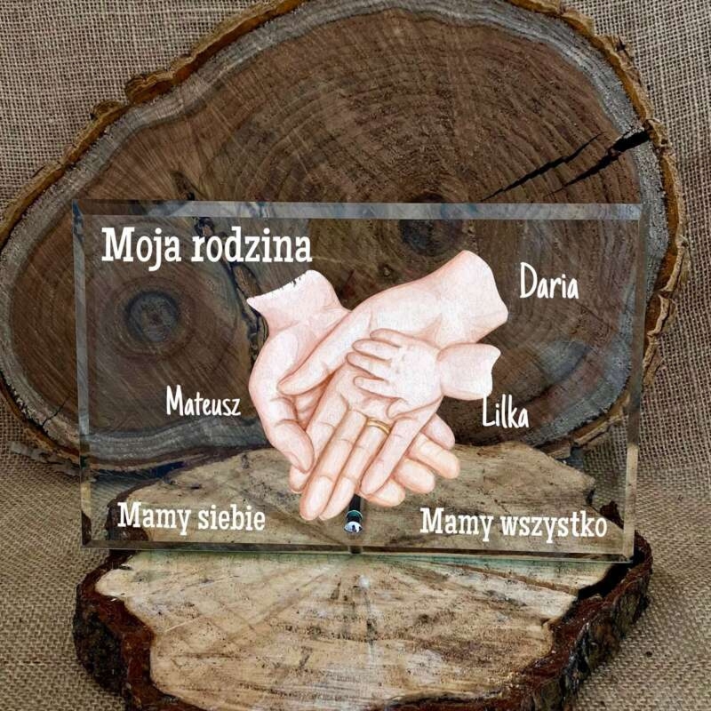 Prezent dla rodziny – szklana statuetka ramka ze zdjęciem i tekstem