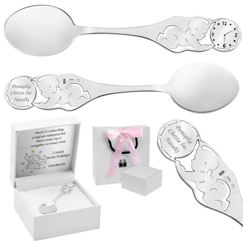Srebrna łyżeczka z zegarem na Chrzest Dedykacja