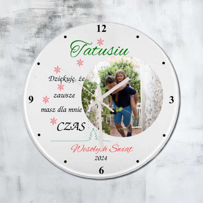 Świąteczny elegancki szklany zegar z personalizacją UV dla taty