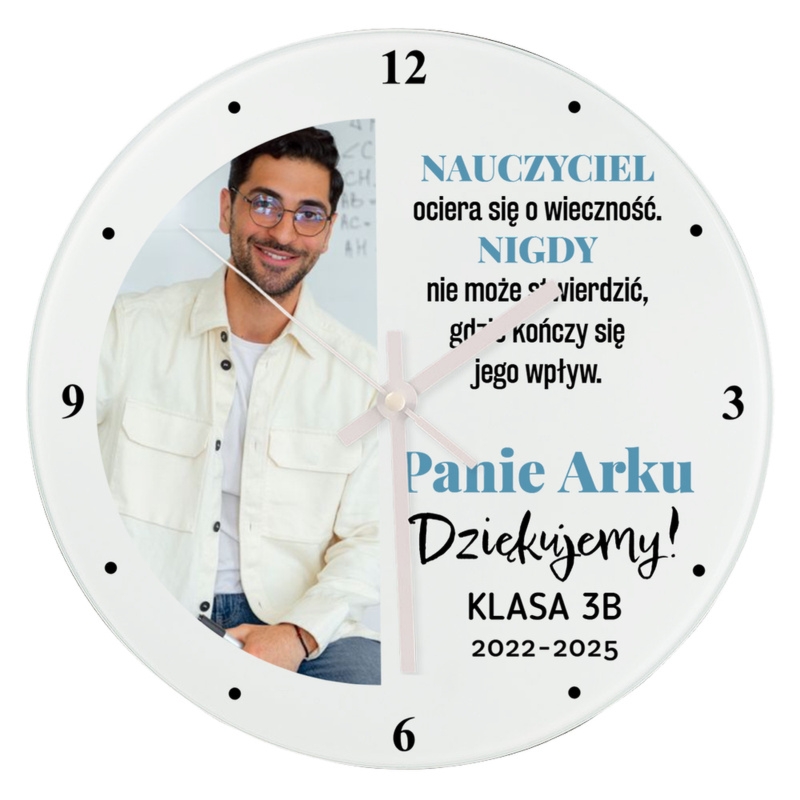 Pożegnanie wychowawcy: szklany zegar z nadrukiem i personalizacją