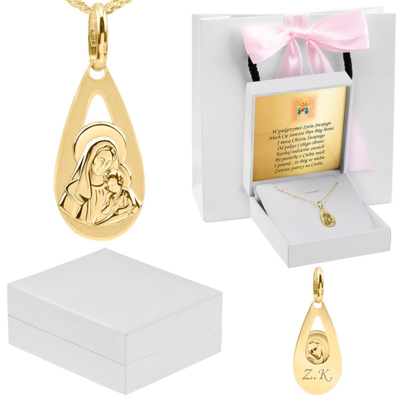 Złoty medalik z Matką Boską w kształcie łzy pr. 585 łańcuszek Pamiątka Chrzest Święty Komunia Bierzmowanie GRAWER różowa kokardka