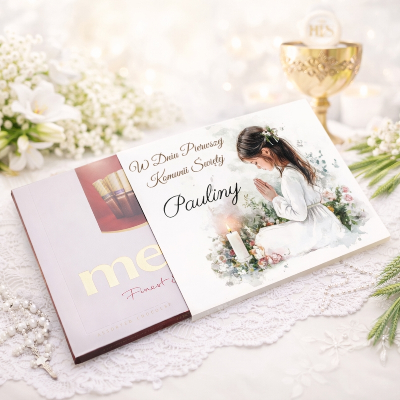 Merci 250 g z personalizowaną obwolutą na Pierwszą Komunię Świętą – dziewczynka