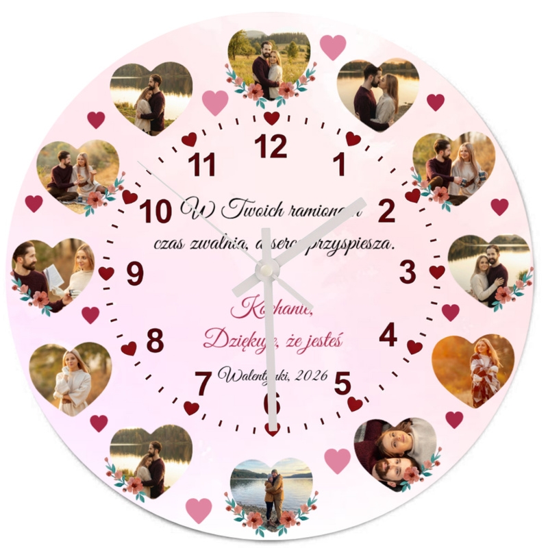 Walentynkowy zegar szklany z nadrukiem UV – zdjęcia i dedykacja