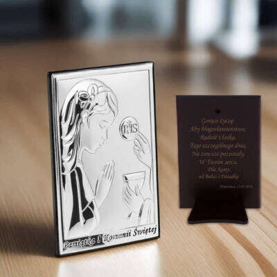 Pamiątka I Komunii dla dziewczynki srebrny obrazek z grawerem