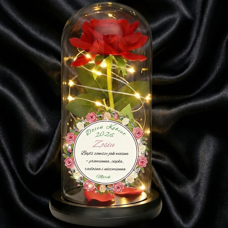 Róża w szklanej kopule z lampkami LED i personalizowaną dedykacją – prezent na Dzień Kobiet