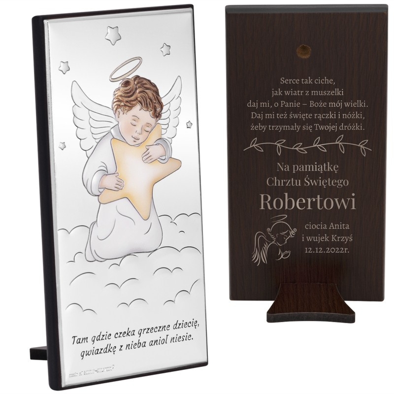 Chrzest: posrebrzany obrazek dziecko w aureoli z własnym grawerem