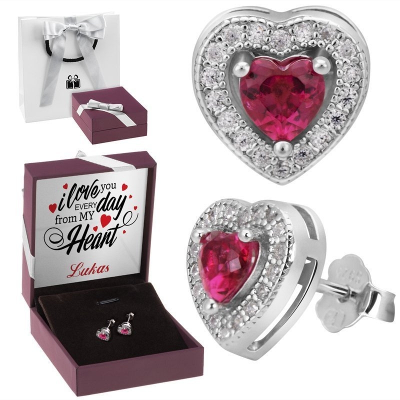 Srebrne kolczyki serduszka rubinowe pr. 925 z dedykacją