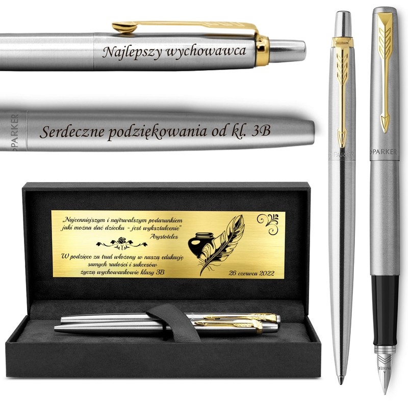 Image of Zestaw Pióro i Długopis Parker Jotter stalowe GT Pudełko Grawer