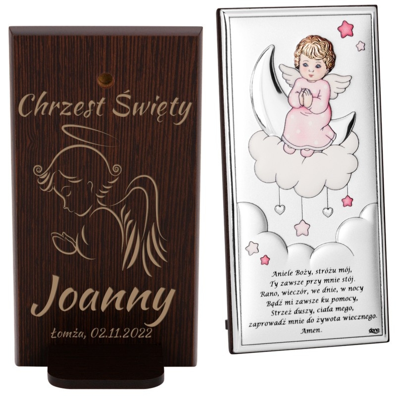 Pamiątka Chrztu dla dziewczynki – posrebrzany obrazek Aniołek z grawerem