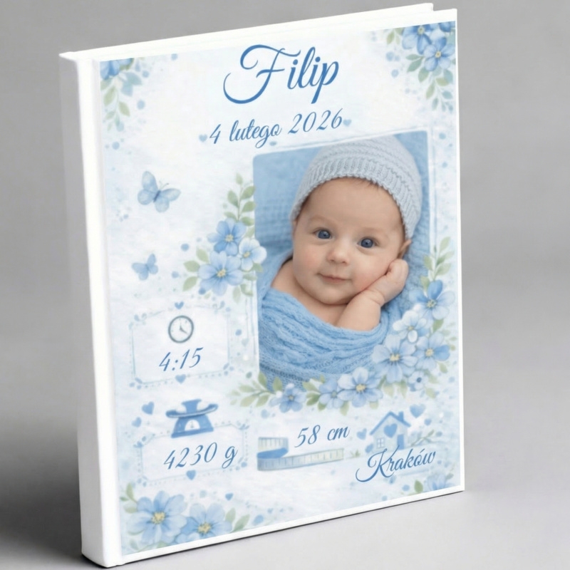 Personalizowana pamiątka narodzin dla chłopca z metryczką – wyjątkowa księga baśni z imieniem, datą, godziną, wagą i wzrostem