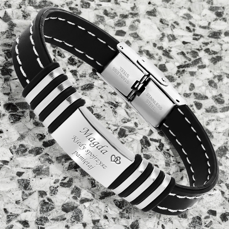 Bransoletka 316L z kauczuku obszyta białą nicią z grawerem