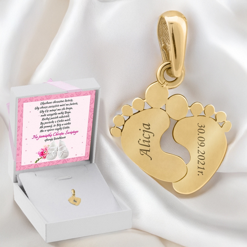 Złoty wisiorek stópki 585 na narodziny z grawerem i dedykacją