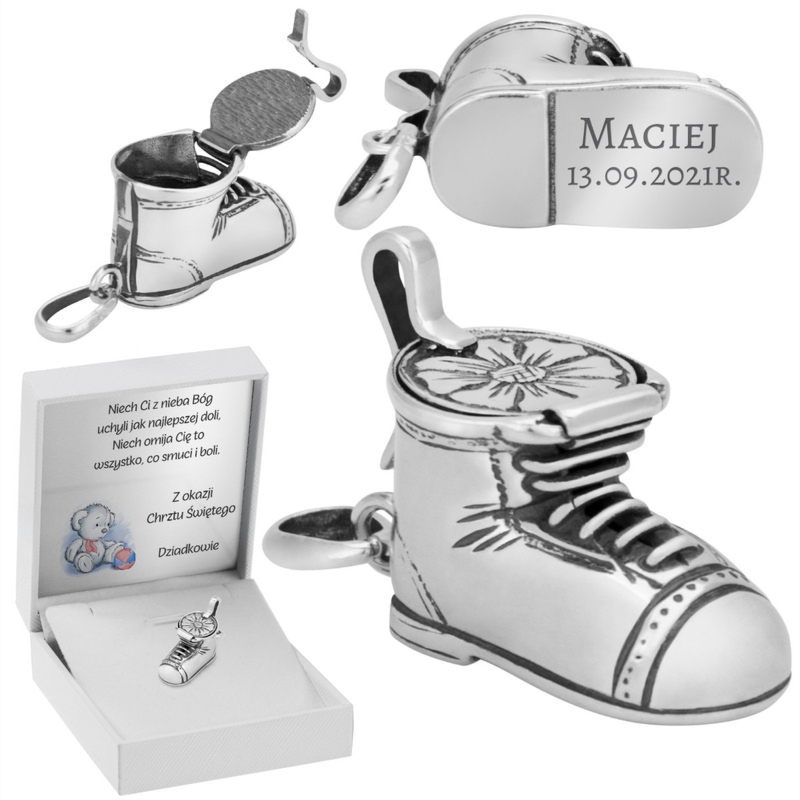 Srebrny bucik zawieszka / puzderko na drobiazgi / na Chrzest Św., Roczek / z Grawerem i Dedykacją