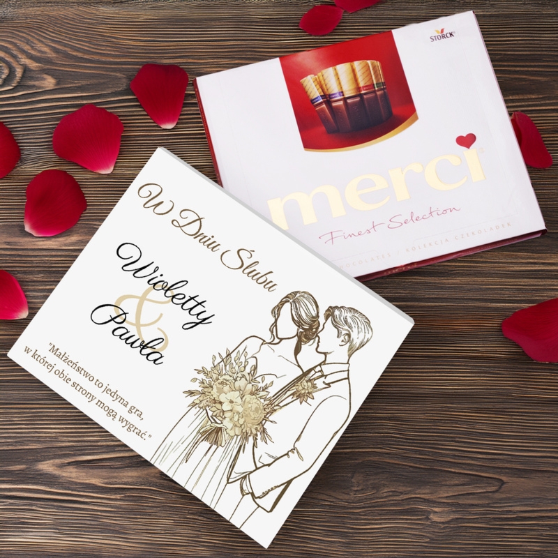 Merci z personalizowaną obwolutą – wyjątkowy prezent na ślub