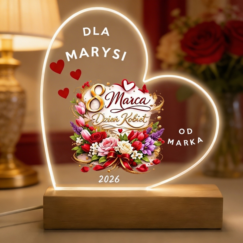 Personalizowana lampka LED serce z dedykacją i pełnokolorowym nadrukiem UV