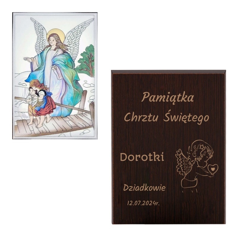 Pamiątka Chrztu: posrebrzany obrazek Anioł Stróż z grawerem