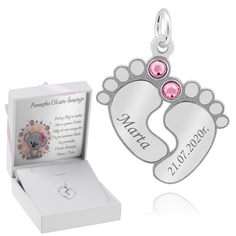 Na chrzest: wisiorek stópki 925 z różowymi cyrkoniami i grawerem