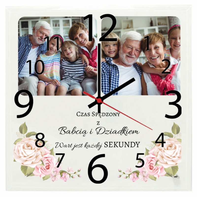 Dzień Babci i Dziadka zegar kwadratowy ze zdjęciem z personalizacją