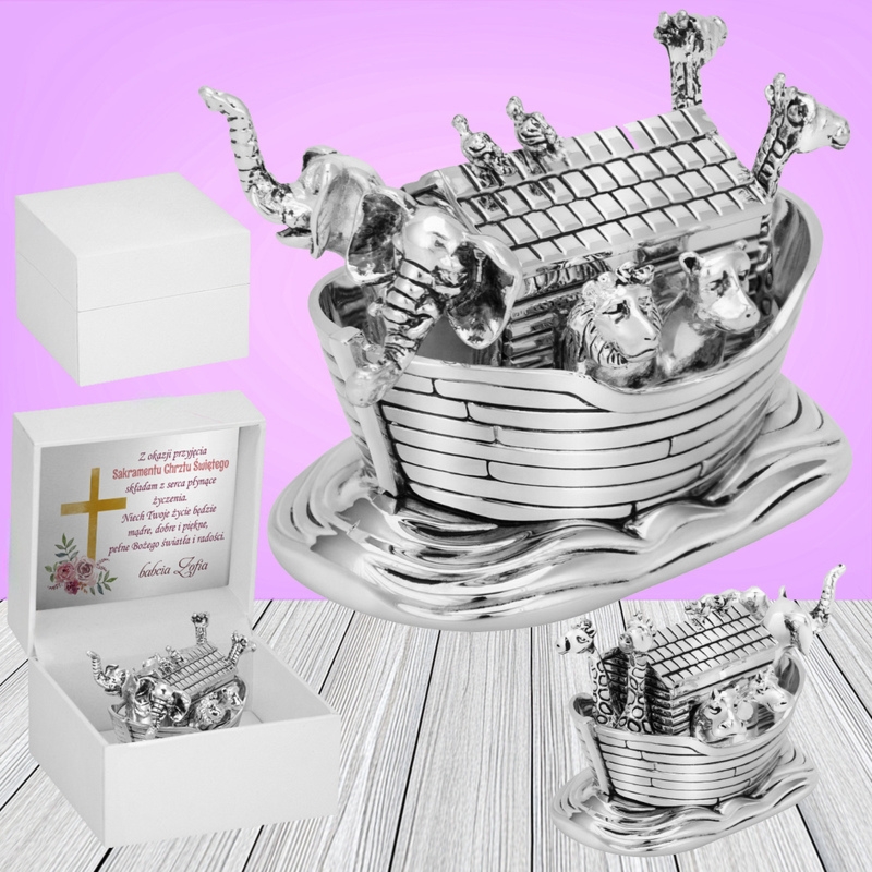 Pozytywka Arka Noego posrebrzana na Chrzest Św. z dedykacją