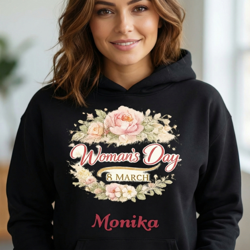 Czarna bluza damska z kapturem Woman’s Day – personalizowana z imieniem