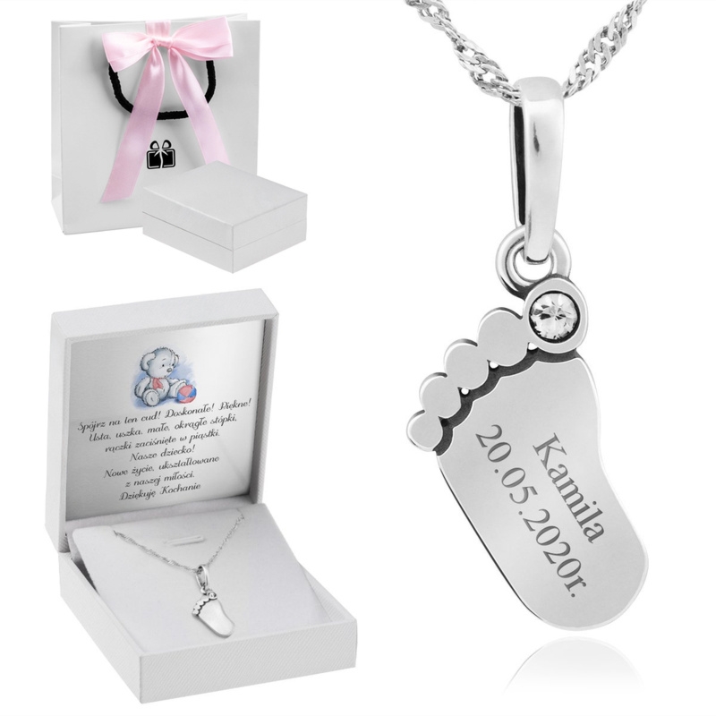 Zawieszka stópka z białą cyrkonią srebro 925 Grawer