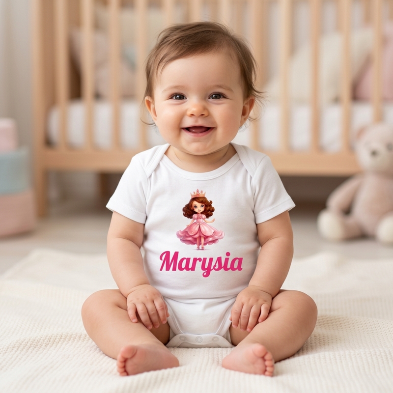 Białe body niemowlęce z personalizowanym nadrukiem z bawełny