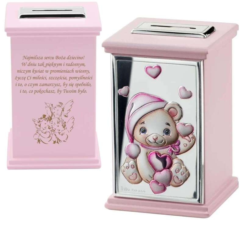 Skarbonka Pozytywka Miś w piżamce różowa Pamiątka na Chrzest Roczek Grawer