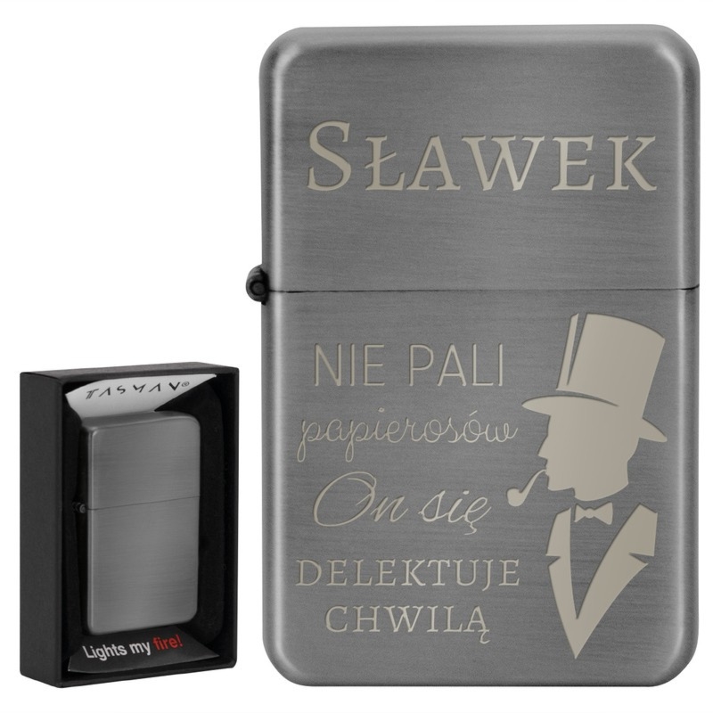 Zapalniczka benzynowa Tasman szary metal Windproof z grawerem