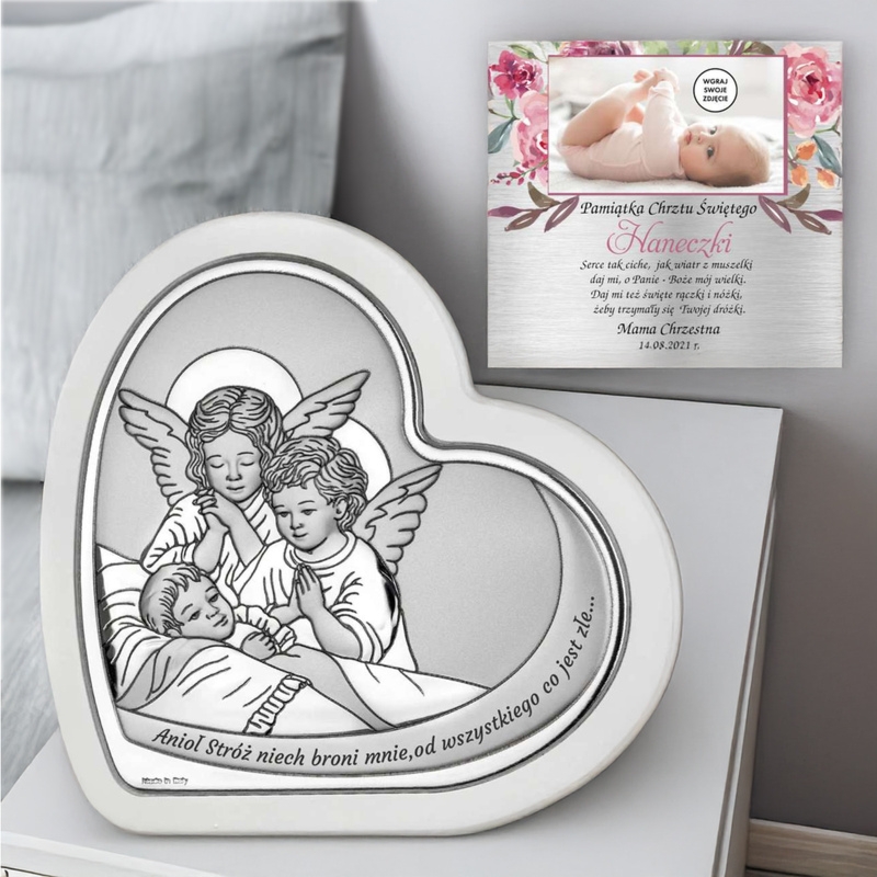 Pamiątka Chrztu: obrazek serce Anioł Stróż na białym panelu z dedykacją