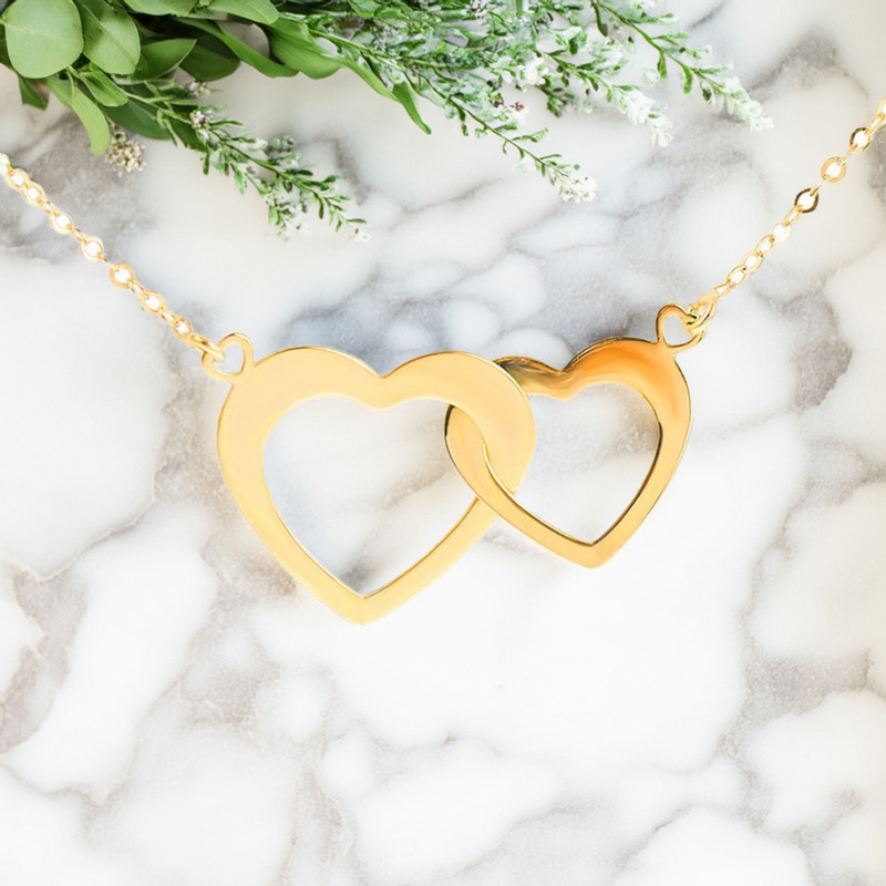 Naszyjnik dwa złączone serca złoto 333 w pudełku z dedykacją