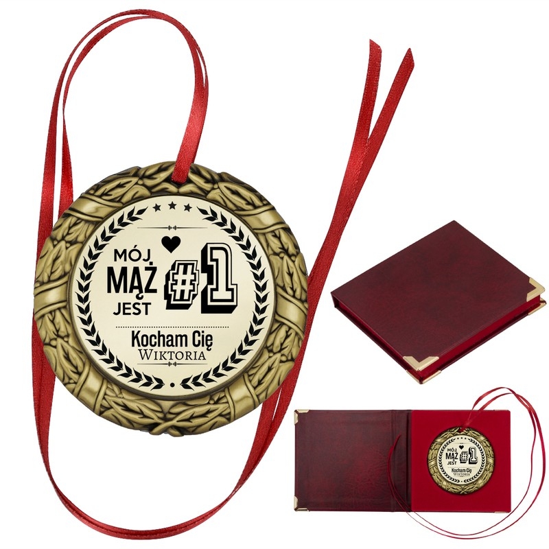 Image of Złoty medal z nadrukiem / Mój mąż jest nr 1 / Prezent dla męża