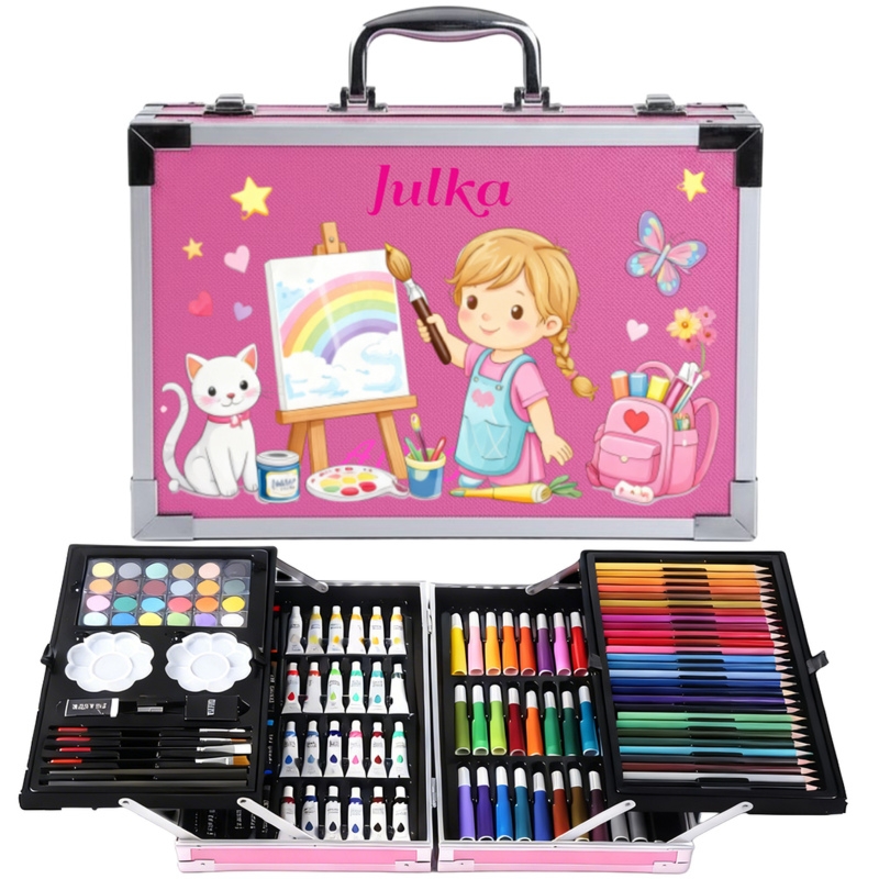 Zestaw plastyczny dla dziewczynki w różowej walizce z imieniem – 145 elementów