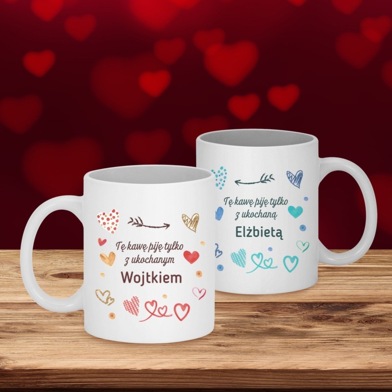 Zestaw dwóch kubków pary z imionami na Walentynki, dwustronny nadruk
