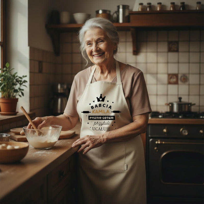 Fartuch kuchenny dla Babci z imieniem – „Pysznie gotuje, przytuli, ucałuje”