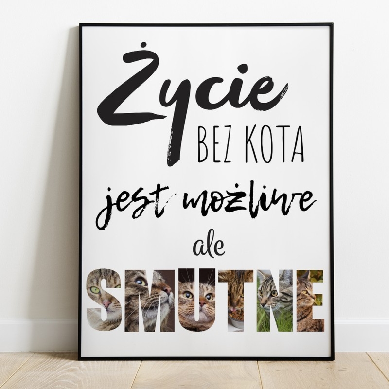 Plakat z kotem i zdjęciem Smutne życie bez kota – personalizacja