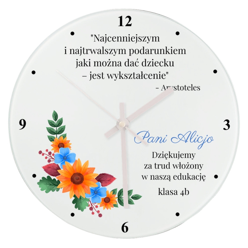 Zakończenie roku: szklany zegar ścienny z foto i dedykacją