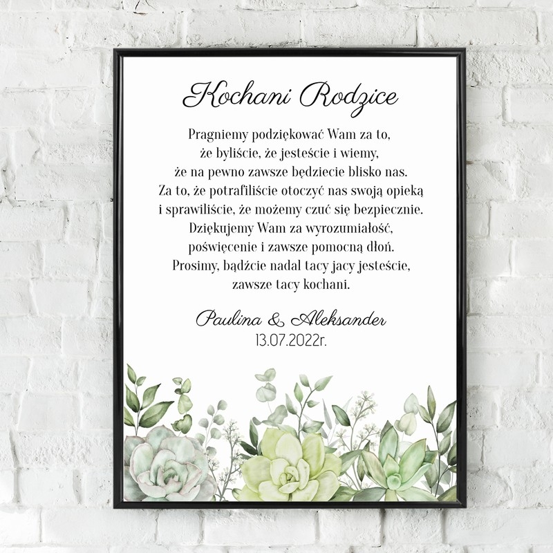 Image of Plakat w ramce / Podziękowania dla rodziców / Zielone kwiaty / Czarna ramka 30x40 / Plexi / Podziękowanie na ślub