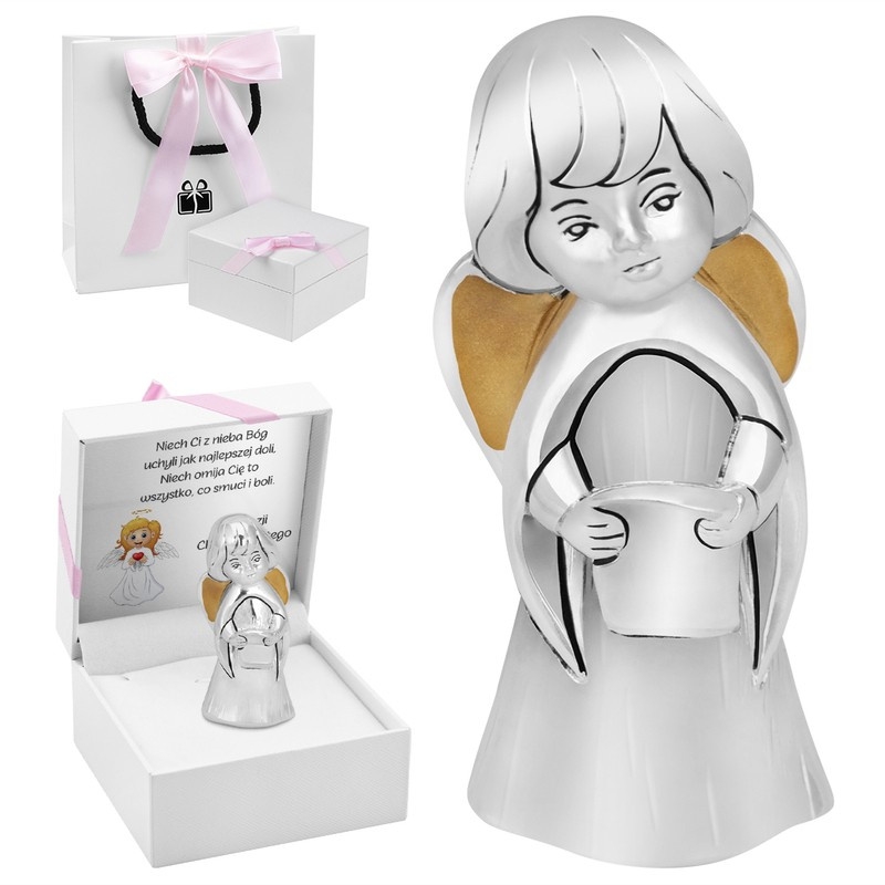Image of Figurka aniołek ze zwojem, posrebrzana z Dedykacją