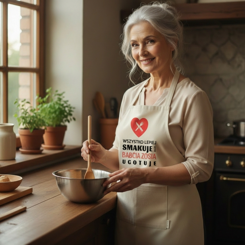Fartuch kuchenny z nadrukiem i personalizacją „Wszystko lepiej smakuje, gdy Babcia ugotuje”