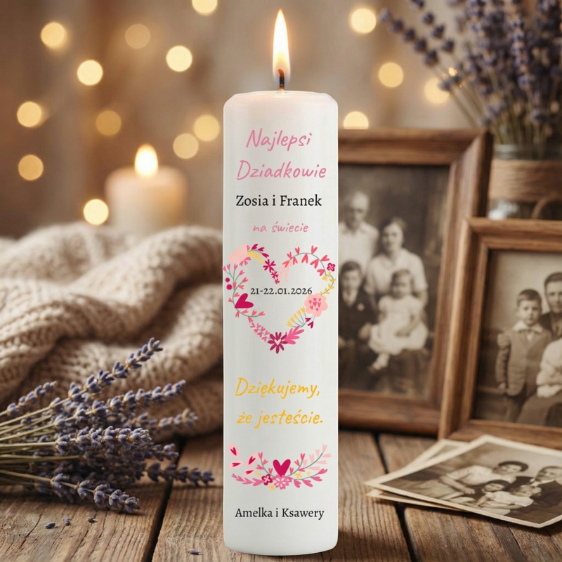 Na Dzień Babci i Dziadka: świeca z sercem i LED, imiona