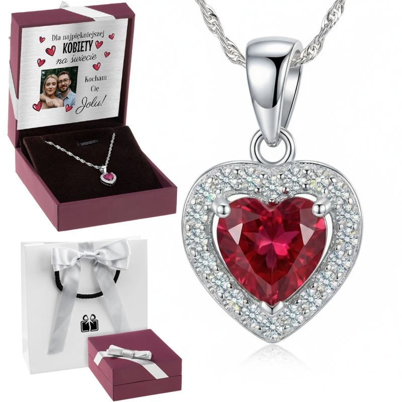 Walentynkowy wisiorek serce z rubinową cyrkonią 925 z dedykacją
