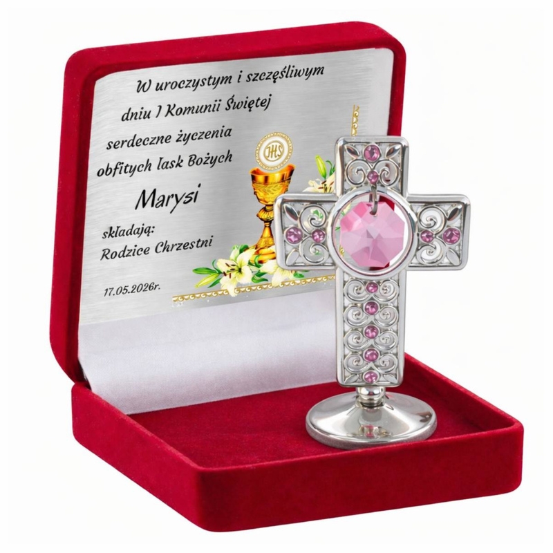 Figurka Krzyż w czerwonym pudełku – pamiątka Pierwszej Komunii Świętej z personalizacją