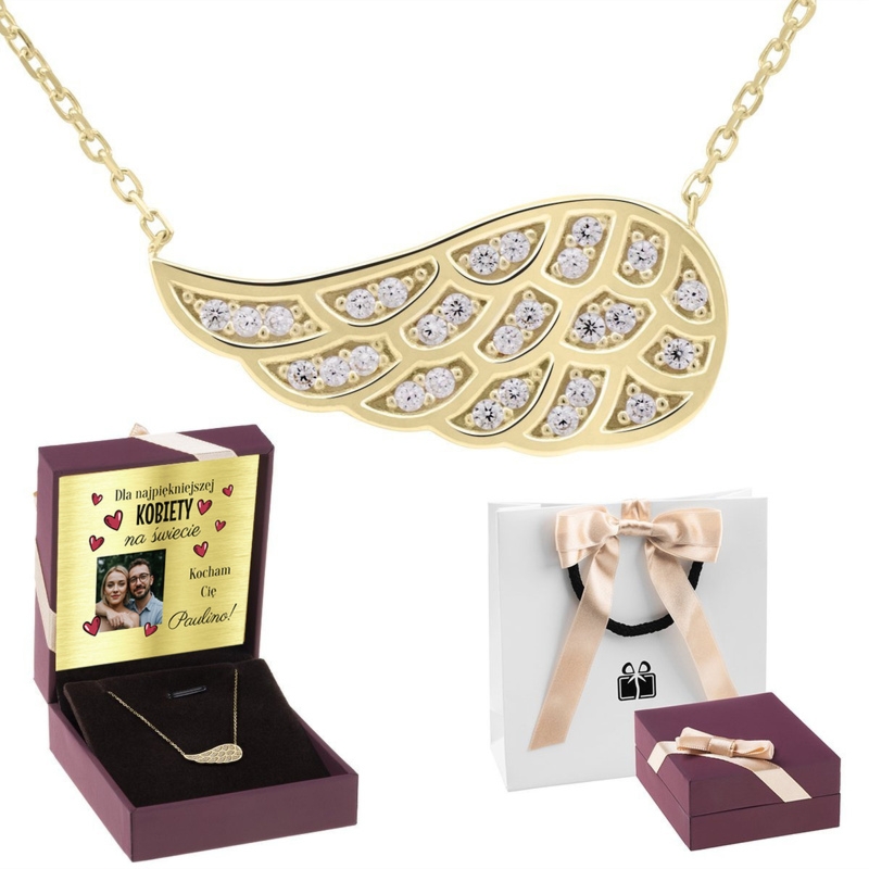 Naszyjnik skrzydło z jasnymi cyrkoniami, złoto 333, dedykacja