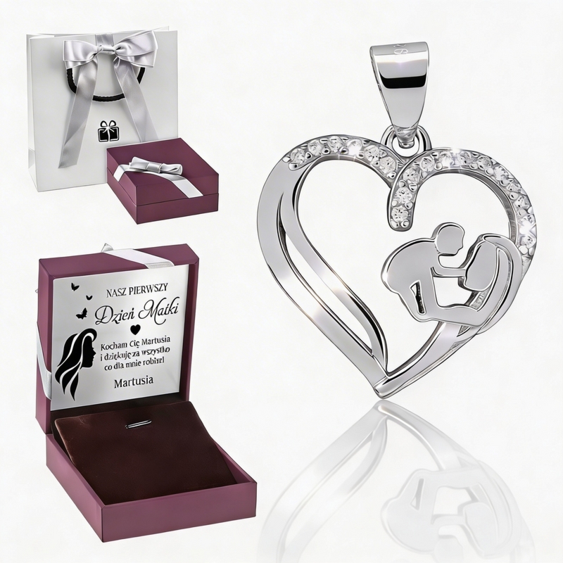 Dzień Matki: srebrny wisiorek serce mama i dziecko z imieniem