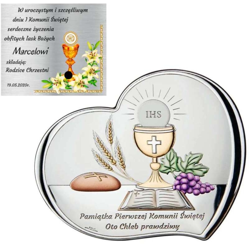 Obrazek serce z Hostią na I Komunię – srebrny z grawerem