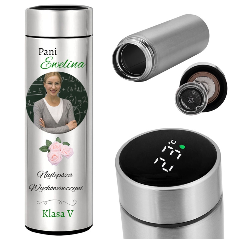 Srebrny kubek termiczny z LED dla nauczyciela z nadrukiem UV