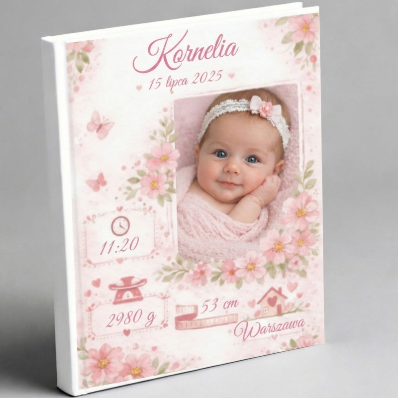 Personalizowana pamiątka narodzin dla dziewczynki z metryczką – wyjątkowa księga baśni z imieniem, datą, godziną, wagą i wzrostem
