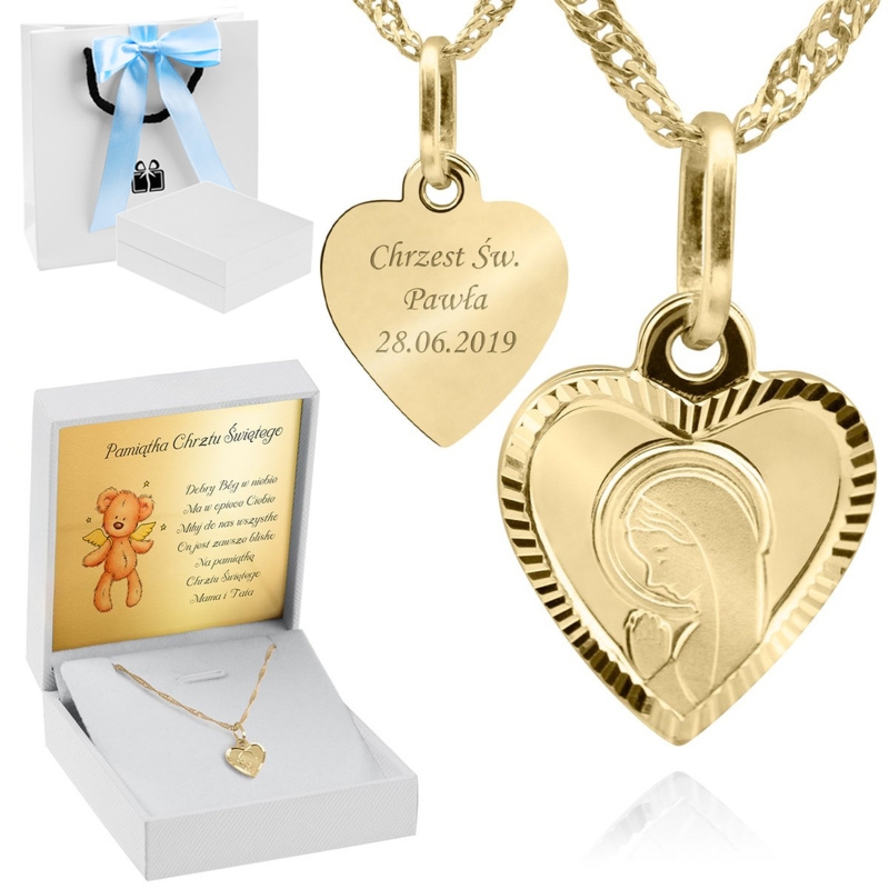 Złoty medalik z Matką Boską pr. 585 łańcuszek Chrzest Komunia z Grawerem