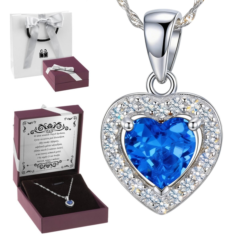 Wisiorek serce 925 z łańcuszkiem i dedykacją w pudełeczku z kokardką