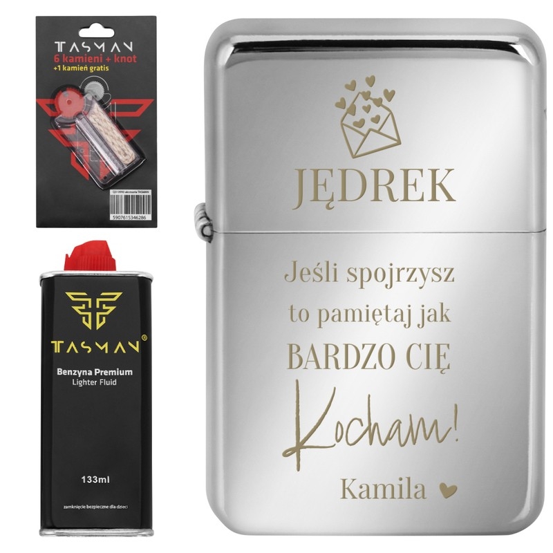 Image of Zapalniczka benzynowa TASMAN / Metal Połysk / Bardzo Cię Kocham / Grawer / benzyna / knot / kamienie